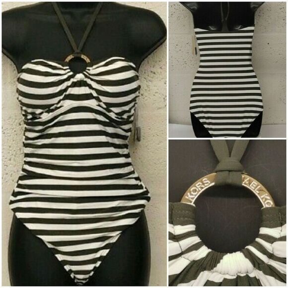 Michael Kors LOGO Tie-Front halter green striped women's One-Piece Swimsuit sz 6 - Picture 1 of 15